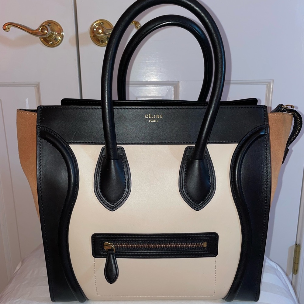 Celine Mini Tricolor Luggage Tote in Black, Camel, and Beige